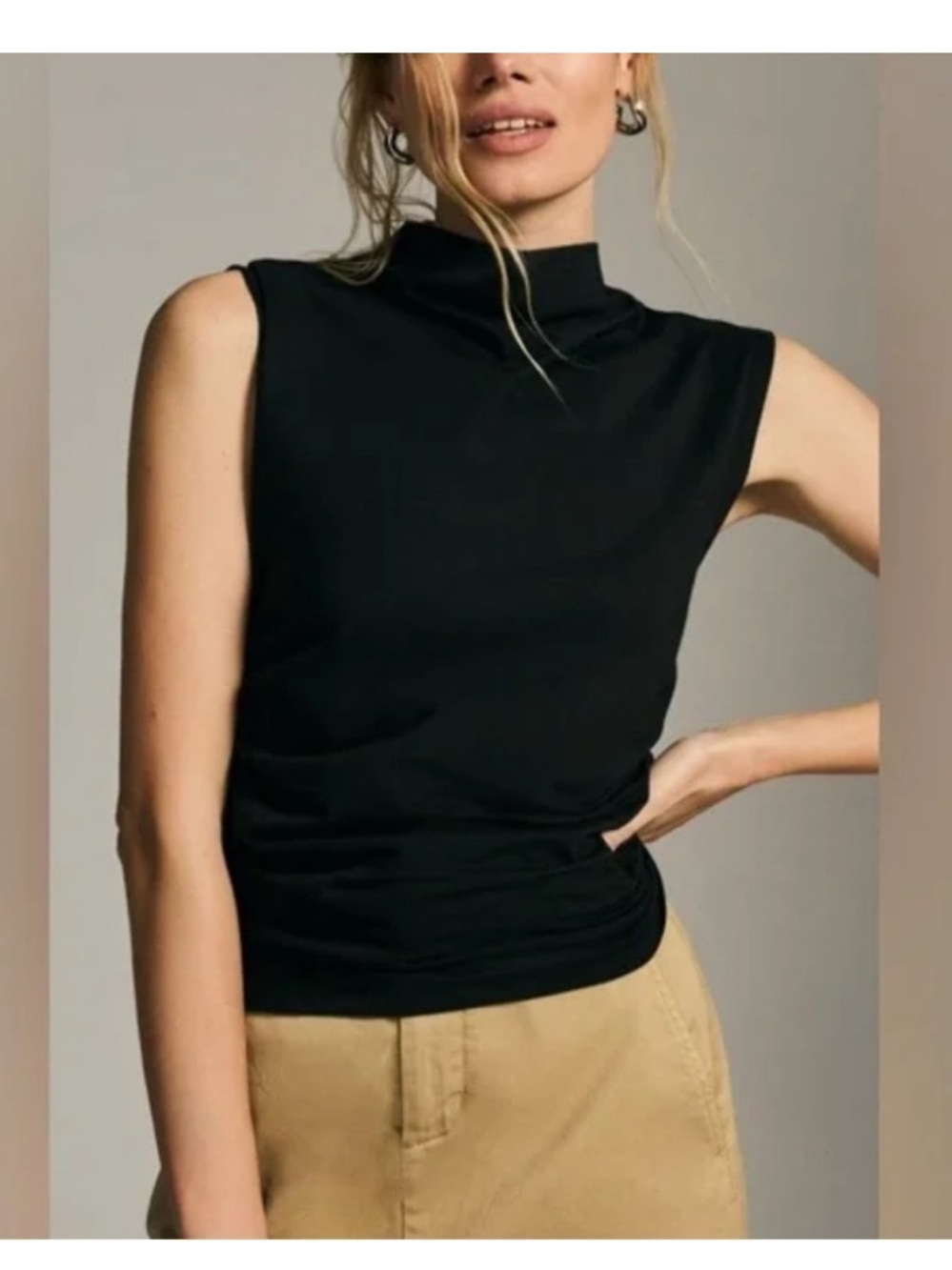 Maeve by Anthropologie Black Sleeveless Mock Neck Tank with Shirred Sides